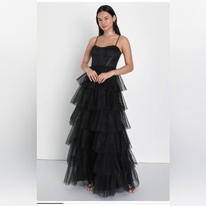 Rule the Runway Black Tulle Bustier Tiered Maxi Dress